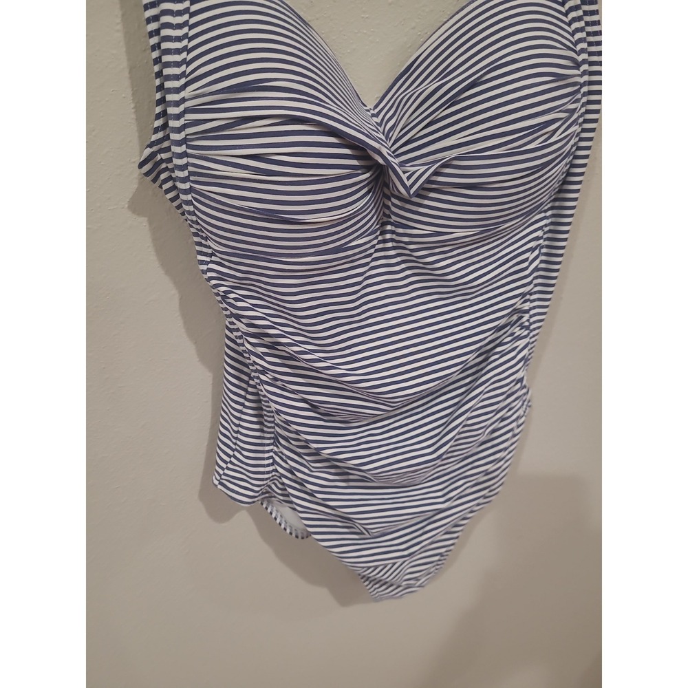 Bond Eye Joanne Blue White stripe ruched twist front Swimsuit Women SZ 8 coastal - Picture 3 of 11